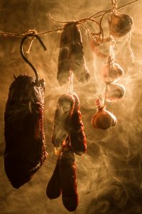 Smoked meat in a traditional smokehouse